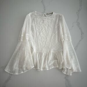ZARA Basic Flowy Ruffle Lace Blouse Top Size XS